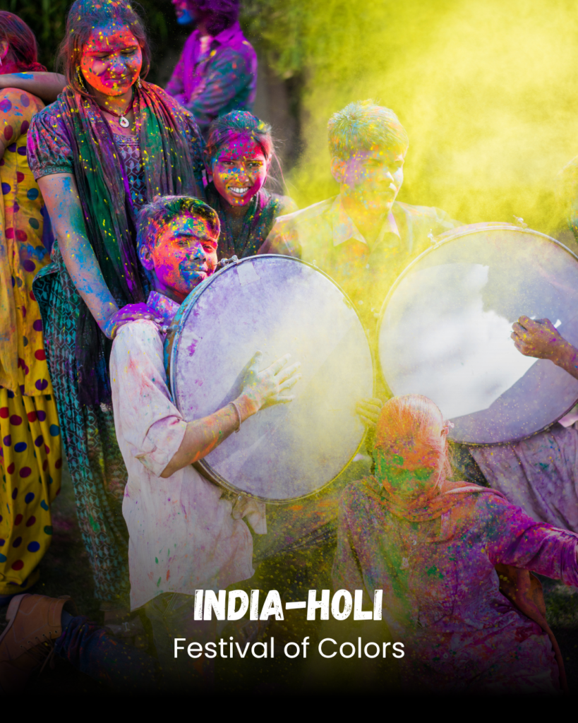 People celebrating Holi with colors and music