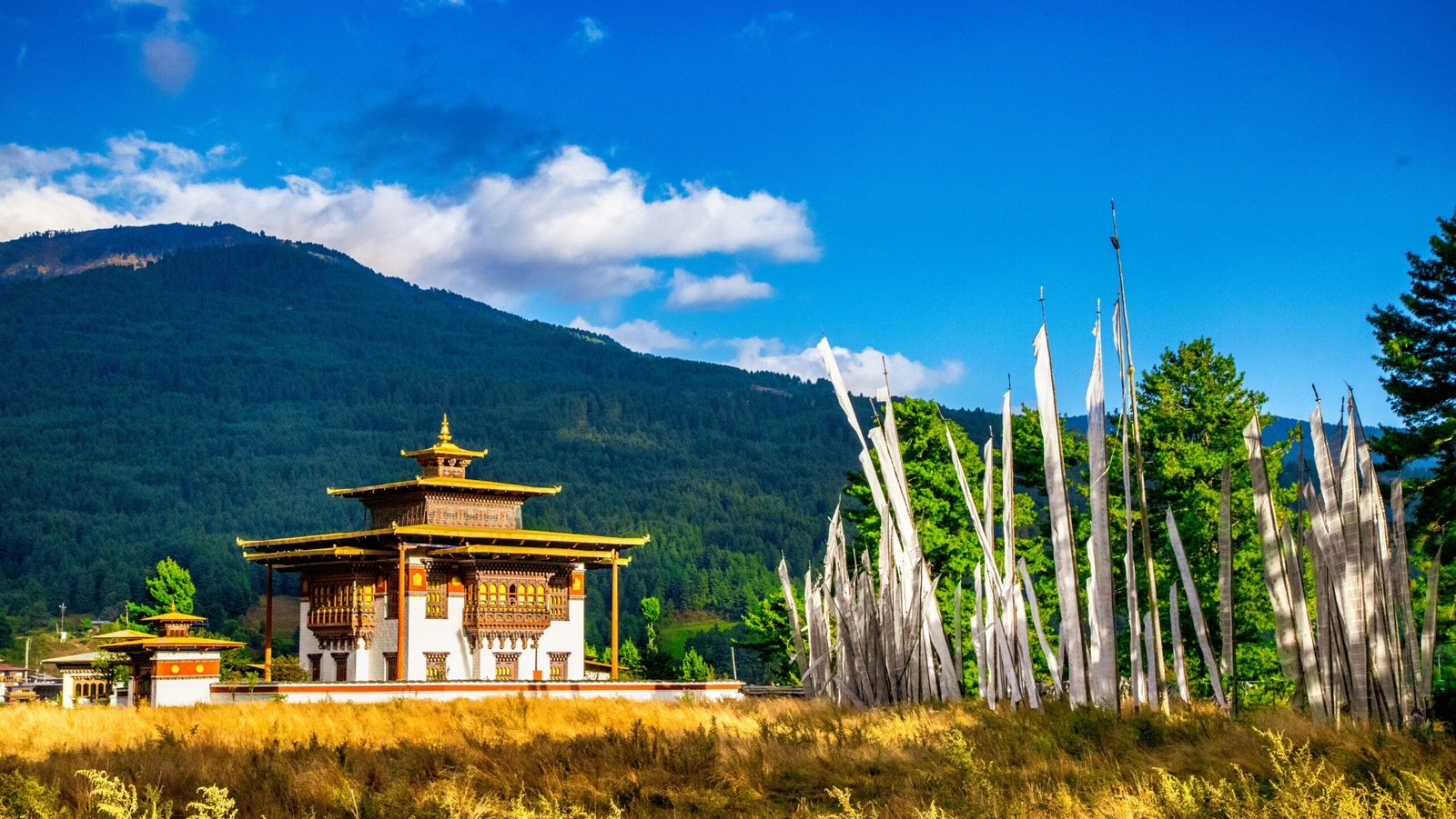 A temple and some prayer flags in Bumthang valley, Bhutan