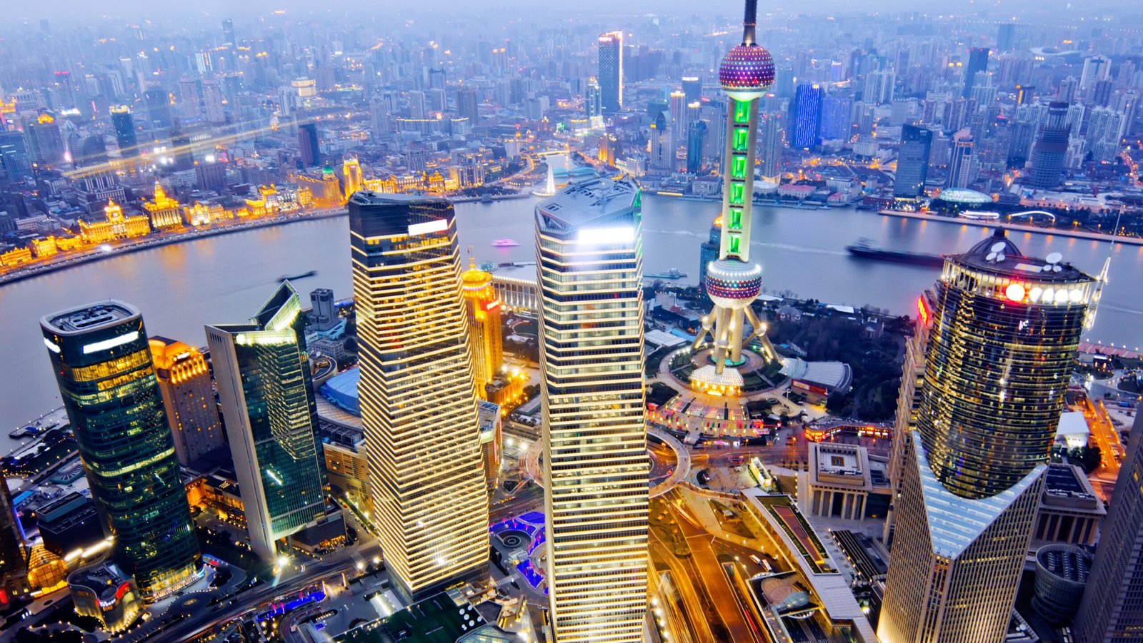 Aerial view of Shanghai showing major city buildings