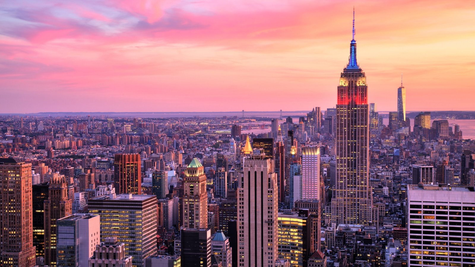 The New York city skyline at sunset